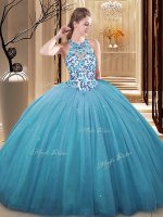 Cheap Blue Ball Gowns Lace and Appliques Sweet 16 Dresses Lace Up Tulle Sleeveless Floor Length