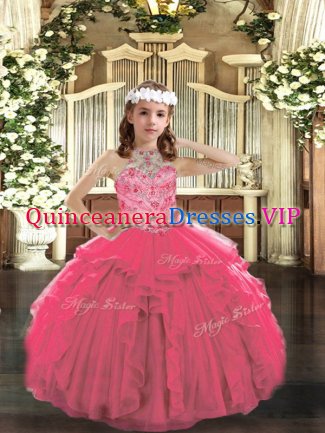Nice Hot Pink Tulle Lace Up Kids Formal Wear Sleeveless Floor Length Beading and Ruffles
