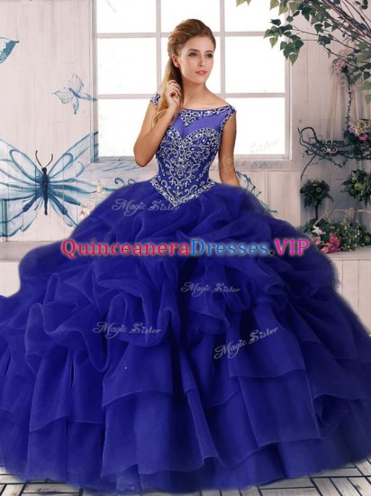 Amazing Purple Ball Gowns Scoop Sleeveless Organza Brush Train Zipper Beading and Pick Ups Quinceanera Dresses - Click Image to Close