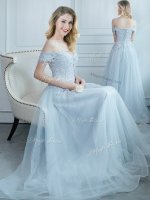 Shining Off the Shoulder Light Blue Tulle Lace Up Court Dresses for Sweet 16 Cap Sleeves Floor Length Beading and Appliques