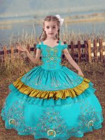 Sleeveless Floor Length Beading and Embroidery Lace Up Kids Formal Wear with Aqua Blue(SKU XBLD026-12BIZ)