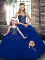 Elegant Royal Blue Tulle Lace Up Sweetheart Sleeveless Floor Length Quinceanera Gowns Beading and Appliques