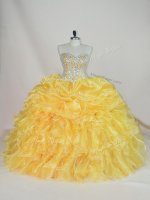 Sleeveless Floor Length Beading and Ruffles Lace Up Quince Ball Gowns with Gold