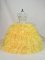 Sleeveless Floor Length Beading and Ruffles Lace Up Quince Ball Gowns with Gold