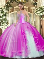 Fuchsia 15th Birthday Dress Military Ball and Sweet 16 and Quinceanera with Beading and Ruffles Sweetheart Sleeveless Lace Up(SKU SJQDDT1430002-1BIZ)