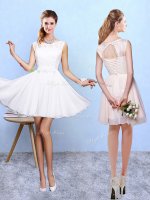 Fashionable White A-line Lace and Appliques Dama Dress for Quinceanera Lace Up Chiffon Sleeveless Knee Length(SKU BMT0336ABIZ)