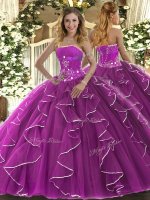 Hot Sale Ball Gowns 15th Birthday Dress Fuchsia Strapless Tulle Sleeveless Floor Length Lace Up
