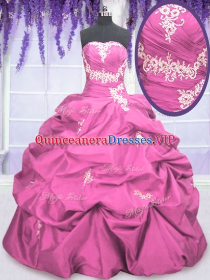 Rose Pink Taffeta Lace Up Strapless Sleeveless Floor Length Sweet 16 Dress Appliques and Pick Ups - Click Image to Close