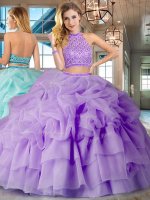 Captivating Halter Top Backless Quinceanera Dresses Lavender for Military Ball and Sweet 16 and Quinceanera with Beading and Ruffled Layers and Pick Ups Brush Train(SKU SXQD027BIZ)