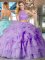 Captivating Halter Top Backless Quinceanera Dresses Lavender for Military Ball and Sweet 16 and Quinceanera with Beading and Ruffled Layers and Pick Ups Brush Train