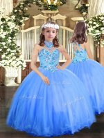 Blue Ball Gowns Tulle Halter Top Sleeveless Appliques Floor Length Lace Up Evening Gowns