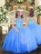 Blue Ball Gowns Tulle Halter Top Sleeveless Appliques Floor Length Lace Up Evening Gowns