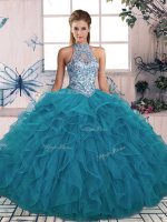 Nice Teal Tulle Lace Up Halter Top Sleeveless Floor Length Ball Gown Prom Dress Beading and Ruffles
