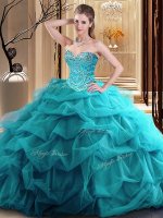 Luxury Teal Tulle Zipper Quinceanera Dresses Sleeveless Floor Length Beading and Ruffles