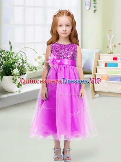Lilac Pageant Gowns For Girls Wedding Party with Sequins and Hand Made Flower Scoop Sleeveless Zipper - Click Image to Close