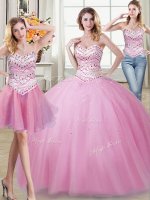 Pretty Three Piece Floor Length Lace Up Quinceanera Gowns Rose Pink for Military Ball and Sweet 16 and Quinceanera with Beading