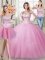 Pretty Three Piece Floor Length Lace Up Quinceanera Gowns Rose Pink for Military Ball and Sweet 16 and Quinceanera with Beading