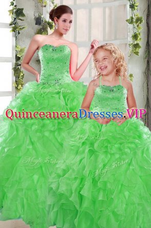 Green Organza Lace Up Ball Gown Prom Dress Sleeveless Floor Length Beading and Ruffles