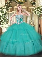 Turquoise Tulle Lace Up Strapless Sleeveless Floor Length Sweet 16 Dress Beading and Ruffled Layers