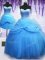 Three Piece Floor Length Lace Up Quince Ball Gowns Baby Blue for Military Ball and Sweet 16 and Quinceanera with Beading and Bowknot