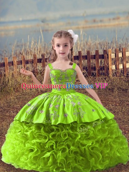 Sleeveless Embroidery Lace Up Winning Pageant Gowns with Yellow Green Sweep Train - Click Image to Close