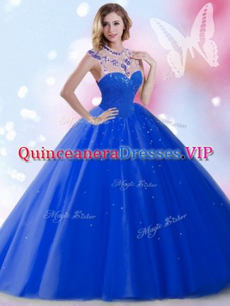 Best Selling Royal Blue Sleeveless Beading and Sequins Floor Length Ball Gown Prom Dress