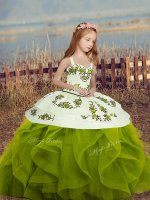 Olive Green Ball Gowns Straps Long Sleeves Embroidery and Ruffles Floor Length Lace Up Pageant Dress
