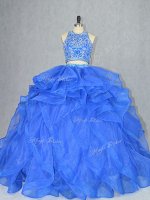 Beading and Ruffles Quinceanera Gowns Blue Backless Sleeveless Court Train(SKU PSSW1004BIZ)