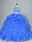 Beading and Ruffles Quinceanera Gowns Blue Backless Sleeveless Court Train
