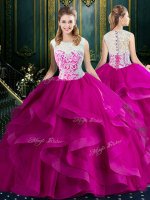 Fuchsia Square Neckline Lace Quinceanera Gown Sleeveless Clasp Handle