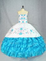 Baby Blue Sleeveless Floor Length Embroidery and Ruffled Layers Lace Up 15th Birthday Dress