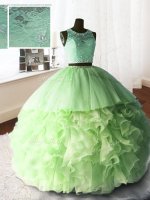 Pretty Scoop Organza and Tulle and Lace Sleeveless With Train Quinceanera Gown Brush Train and Beading and Lace and Ruffles(SKU PSSW069-2BIZ)