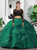 Attractive Tulle Scoop Long Sleeves Backless Lace and Ruffles 15th Birthday Dress in Dark Green