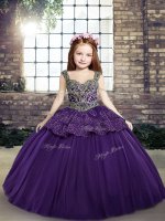 Purple Ball Gowns Straps Sleeveless Tulle Floor Length Lace Up Beading and Appliques Girls Pageant Dresses(SKU PAG1255-3BIZ)