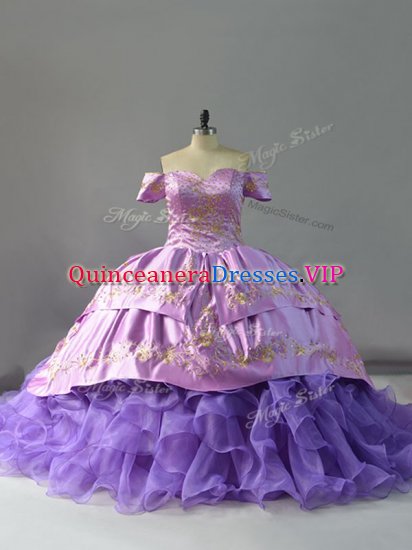 Off The Shoulder Sleeveless Quinceanera Dresses Chapel Train Embroidery and Ruffles Lavender Organza - Click Image to Close