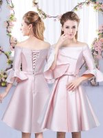 Baby Pink A-line Off The Shoulder 3 4 Length Sleeve Satin Mini Length Lace Up Bowknot Dama Dress