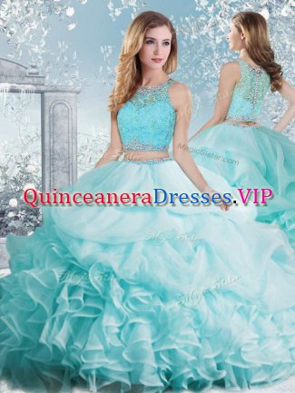Modern Aqua Blue Sleeveless Organza Clasp Handle Quinceanera Gown for Military Ball and Sweet 16 and Quinceanera