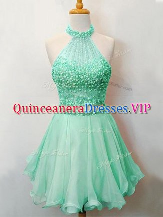 Best Organza Halter Top Sleeveless Lace Up Beading Quinceanera Court of Honor Dress in Apple Green