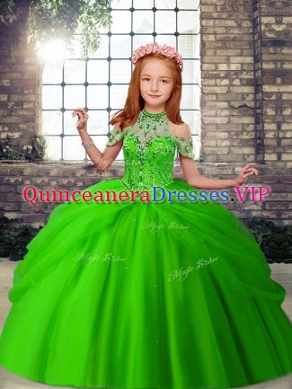 Sleeveless Tulle Floor Length Lace Up Little Girls Pageant Gowns in Green with Beading