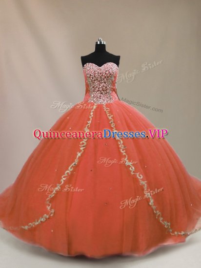 Lace Up Quinceanera Gowns Orange for Sweet 16 and Quinceanera with Beading Brush Train - Click Image to Close