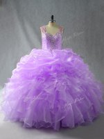 Lavender Ball Gowns Straps Sleeveless Organza Floor Length Zipper Beading and Ruffles Quinceanera Gown