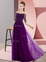 Delicate Chiffon Bateau Half Sleeves Lace Up Beading and Lace Dama Dress in Dark Purple(SKU BMT0386-3BIZ)
