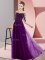 Delicate Chiffon Bateau Half Sleeves Lace Up Beading and Lace Dama Dress in Dark Purple
