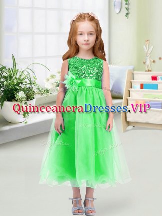 Trendy Tea Length Zipper Little Girl Pageant Gowns Green for Wedding Party with Sequins and Hand Made Flower