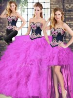 Superior Fuchsia Tulle Lace Up Quinceanera Gown Sleeveless Floor Length Beading and Embroidery