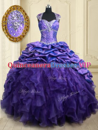 Purple Ball Gowns Organza and Taffeta Straps Cap Sleeves Beading and Ruffles and Pick Ups Lace Up Sweet 16 Quinceanera Dress Brush Train