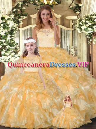 Perfect Gold Quinceanera Gown Military Ball and Sweet 16 and Quinceanera with Lace and Ruffles Scoop Sleeveless Clasp Handle