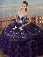 Extravagant Purple Ball Gowns Embroidery and Ruffles Sweet 16 Dresses Lace Up Organza Sleeveless Floor Length