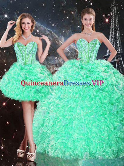 Floor Length Lace Up Vestidos de Quinceanera Apple Green for Military Ball and Sweet 16 and Quinceanera with Beading and Ruffles - Click Image to Close