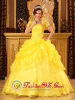 Paijat-Hame Finland Strapless and Appliques For Yellow Quinceanera Dress With Floor-length Pick-ups Ball Gown
